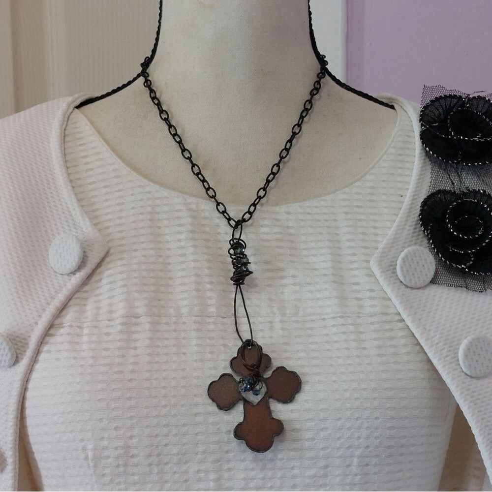 Steampunk Artisan Large Copper Cross Pendant Black Chain Necklace